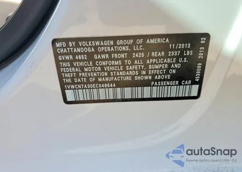 2014 Volkswagen Passat Sel from USA, damaged, VIN 1VWCN7A30EC046544
